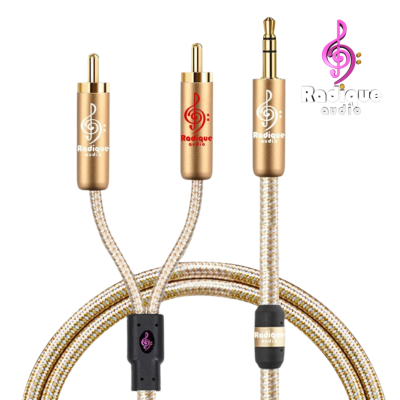 Gold Series 3.5mm to dual RCA cable – Radique Audio, gold‑plated connectors, shielded, mesh finish, with integrated degaussing ring for noise reduction.