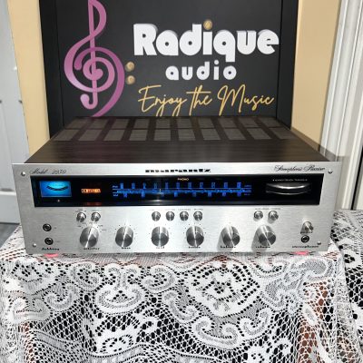 Marantz 2230 vintage stereo receiver — front view, silver faceplate and blue dial illumination