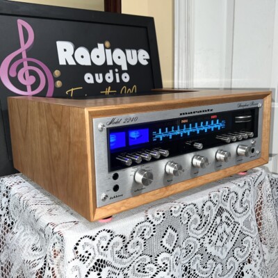 Marantz 2240 vintage stereo receiver in custom Ottawa Valley cherry cabinet — angled front view, silver faceplate with blue dial glow