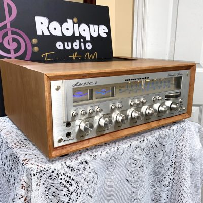 Marantz 2265B vintage stereo receiver in custom Ottawa Valley cherry cabinet — head-on front, tuning dial and controls