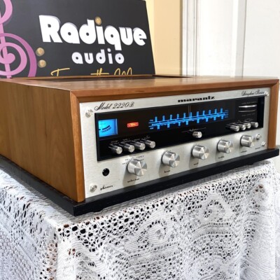 Marantz 2220B 20 WPC receiver in cherry cabinet — angled view showing cherrywood grain