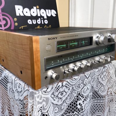 Sony STR-V5 85 WPC receiver with cherry wood side panels — angled view showing cherrywood grain