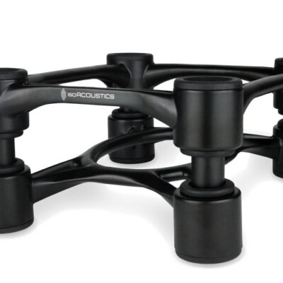 IsoAcoustics Aperta speaker isolation stands in black for bookshelf speakers and compact monitors.