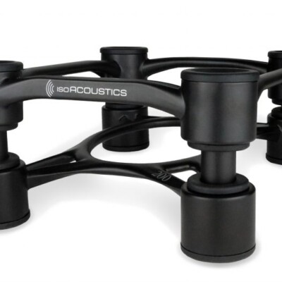 IsoAcoustics Aperta 200 speaker isolation stands in black for bookshelf and centre-channel speakers.