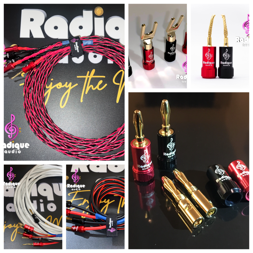 Custom-built Radique Audio speaker cables with gold-plated banana plug, spade, and pin connector terminations