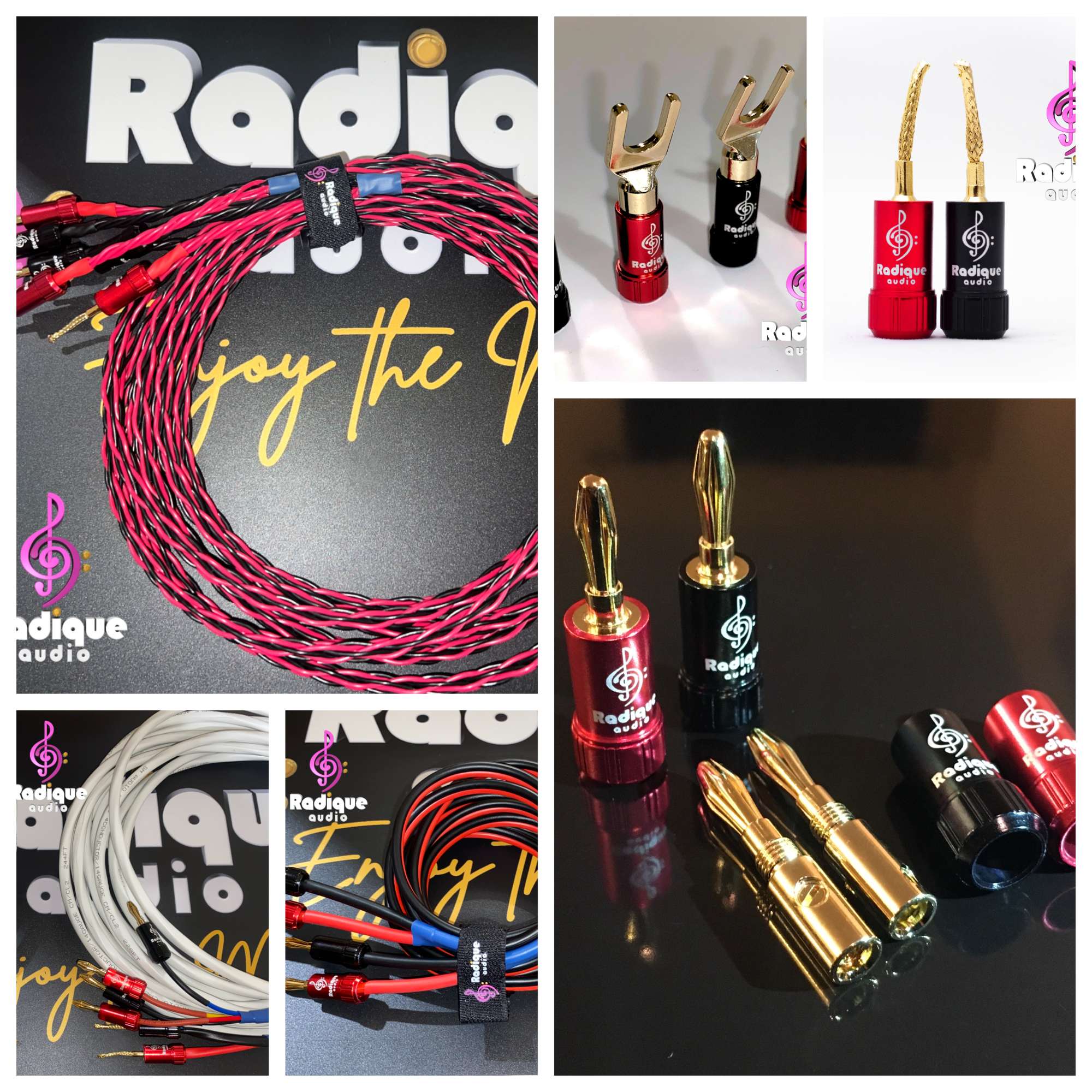 Configurator Collage Custom-built Radique Audio speaker cables with gold-plated banana plug, spade, and pin connector terminations