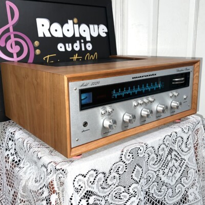 Marantz 2220 vintage stereo receiver in custom Ottawa Valley cherry cabinet — front view, silver faceplate with blue dial glow