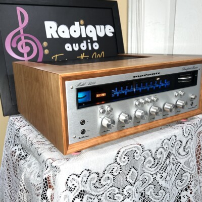Marantz 2230 vintage stereo receiver in custom Ottawa Valley cherry cabinet — angled front view, silver faceplate with blue dial glow