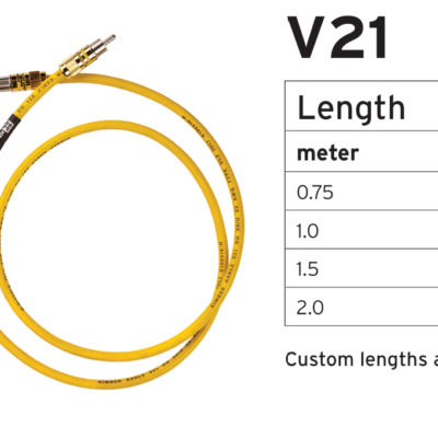 Kimber V21 digital interconnects with solid copper center conductor, foamed PE dielectric, and RCA or BNC connector options.