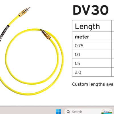 Kimber DV30 digital interconnects with solid copper center conductor, air articulated Teflon dielectric, and RCA or BNC connector options.