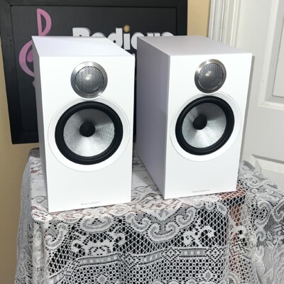B&W 606 S3 stand-mount speakers, pair — front view of the drivers and white cabinets