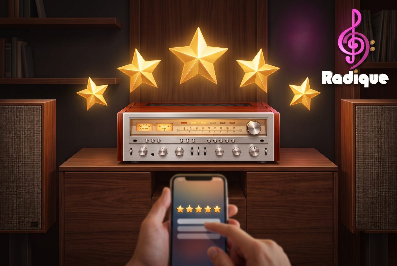 Five glowing gold stars above a restored vintage stereo receiver with a cherry wood cabinet, while a customer leaves a five-star review on their phone