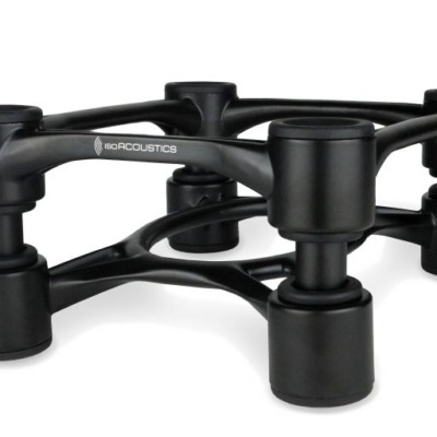 IsoAcoustics Aperta speaker isolation stands in black for bookshelf speakers and compact monitors.