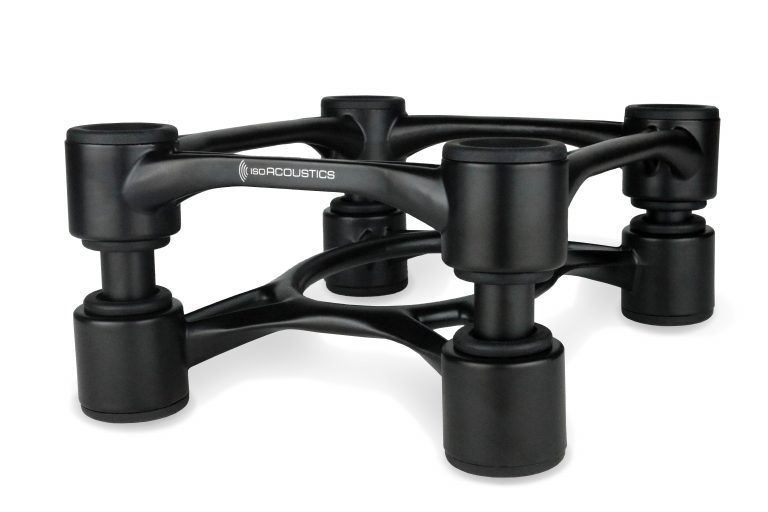Aperta-BLK-Shadow-White-768x512-1-p3 IsoAcoustics Aperta speaker isolation stands in black for bookshelf speakers and compact monitors.