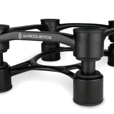 IsoAcoustics Aperta 200 speaker isolation stands in black for bookshelf and centre-channel speakers.