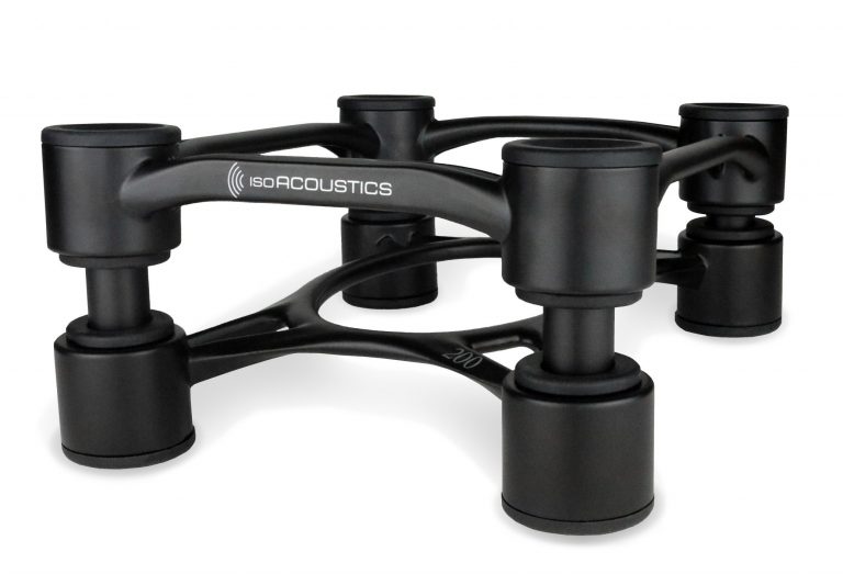 Aperta200-BLK-Shadow-White-e1636745601950-768x523-1-p3 IsoAcoustics Aperta 200 speaker isolation stands in black for bookshelf and centre-channel speakers.
