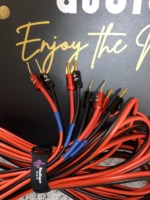 Close-up of custom 25 foot speaker cables with red and black 12 AWG wire, terminated with gold plated Radique Audio banana plugs and flexible pin connectors, hand assembled in Canada with color coded shrink tubing.