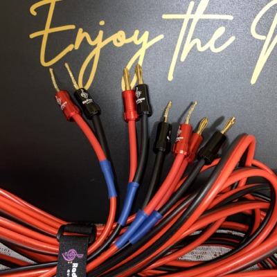 Close-up of custom 25 foot speaker cables with red and black 12 AWG wire, terminated with gold plated Radique Audio banana plugs and flexible pin connectors, hand assembled in Canada with color coded shrink tubing.