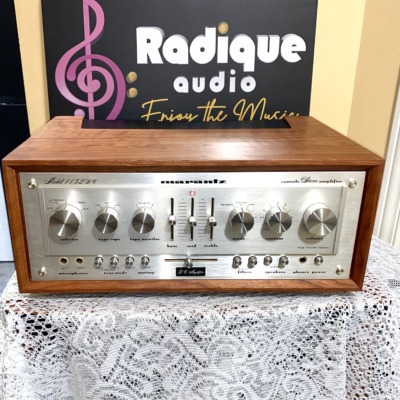 Marantz 1152DC vintage integrated amplifier in custom Ottawa Valley cherry cabinet — front view, silver faceplate with rotary controls and tone sliders