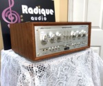 Marantz 1152DC vintage integrated amplifier in custom Ottawa Valley cherry cabinet — angled front view showing cabinet depth and book-matched cherry grain