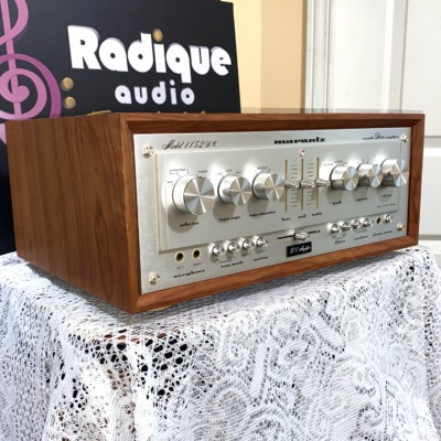 Marantz 1152DC vintage integrated amplifier in custom Ottawa Valley cherry cabinet — angled front view showing cabinet depth and book-matched cherry grain
