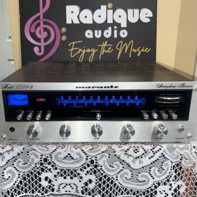 Marantz 2220B vintage stereo receiver front panel — silver faceplate, blue dial, Made in Japan 1974-77