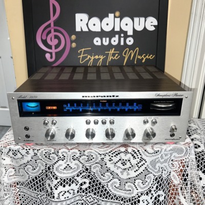 Marantz 2230 vintage stereo receiver — front view, silver faceplate and blue dial illumination