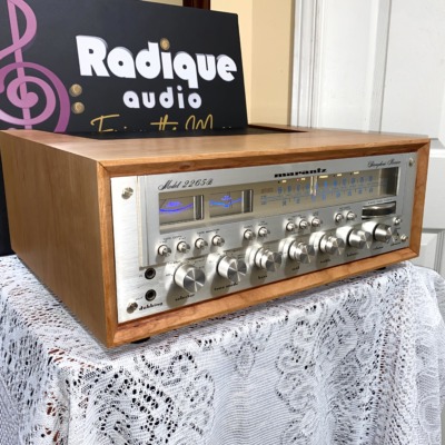 Marantz 2265B vintage stereo receiver in custom Ottawa Valley cherry cabinet — head-on front, tuning dial and controls