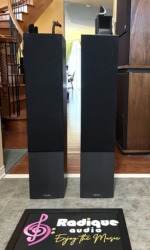 Mission LX-5 towers with grilles fitted, front view of the pair