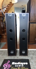 Mission LX-5 towers — rear view showing the ports and binding posts