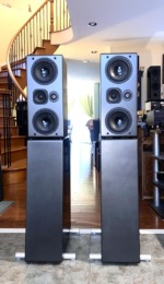 NHT Evolution T5 towers, pair — head-on view of the 4-way driver arrays and subwoofer bases