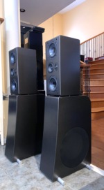 NHT Evolution T5 towers, pair — three-quarter view of both speakers on their subwoofer bases