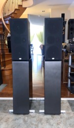 NHT Evolution T5 towers, pair — front view with grilles fitted, full system height