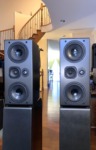 NHT Evolution T5 speakers — close view of the upper 4-way modules showing tweeter, midrange and dual drivers