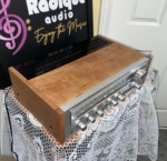 Pioneer SX-750 vintage receiver in cherry cabinet — elevated view of the book-matched cherry cabinet top