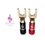 Gold plated spade connectors by Radique Audio – front view