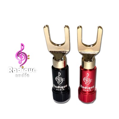 Gold plated spade connectors by Radique Audio – front view