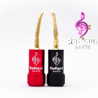 Gold plated pin connectors by Radique Audio, flexible pin design, red and black color coded jackets.
