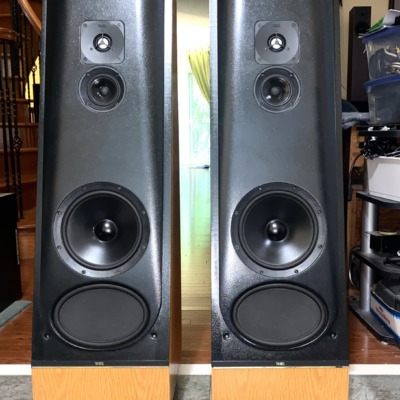 Refinished Thiel CS2.2 floorstanding speakers, pair — front view of both towers with light maple plinths
