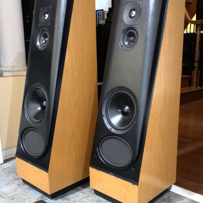 Refinished Thiel CS2.2 speakers — angled pair view showing the sloped baffle, woofer and coaxial driver