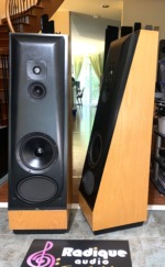 Refinished Thiel CS2.2 speaker — single tower at an angle, showing the refinished light wood side panel