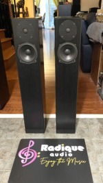 Totem Sttaf floorstanding speakers, pair — front view of the slim black ash towers in a listening room