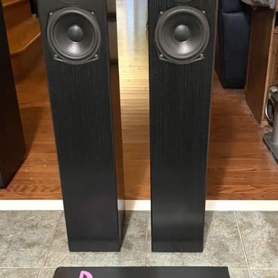 Totem Sttaf floorstanding speakers, pair — front view of the slim black ash towers in a listening room