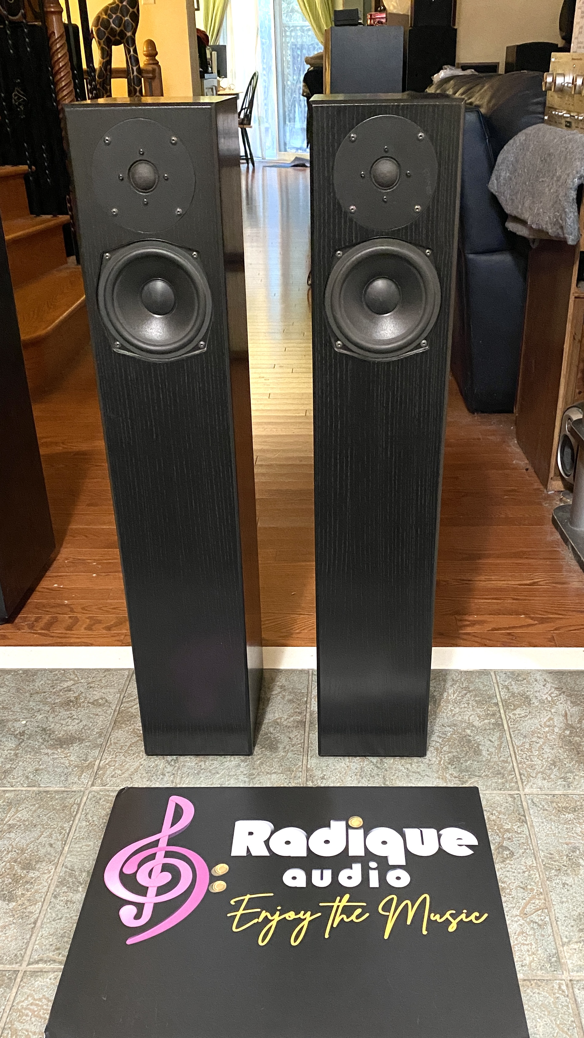 Totem-Sttaf-Black-02 Totem Sttaf floorstanding speakers, pair — front view of the slim black ash towers in a listening room