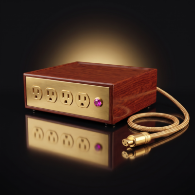 Brass and rosewood audio power conditioner with four North American outlets, a glowing magenta indicator and a braided power cord — Radique category icon