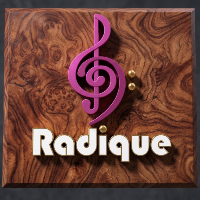Radique Audio logo rendered in three dimensions — magenta treble clef and brass detail on a figured walnut panel — Radique Audio Products category icon