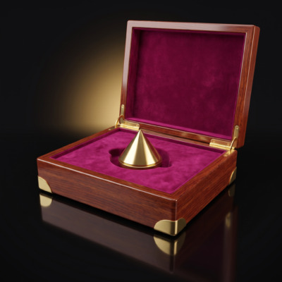 Rosewood presentation case with brass corners and magenta velvet lining holding a polished brass isolation cone — Radique Third Party Products category icon