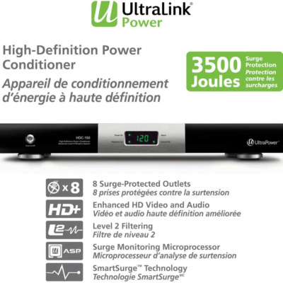 Ultralink HDC150RM feature summary: 8 surge-protected outlets, enhanced HD video and audio, Level 2 filtering, ASP surge monitoring microprocessor, SmartSurge technology, 3500 joule surge protection