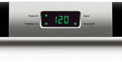 Ultralink HDC150RM power conditioner front panel with line voltage display reading 120, Power On, Protection On, Alarm and Ground OK indicators