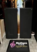 Pair of tall DCM TimeFrame TF350 tower speakers in black with full-length cloth grilles, standing straight on